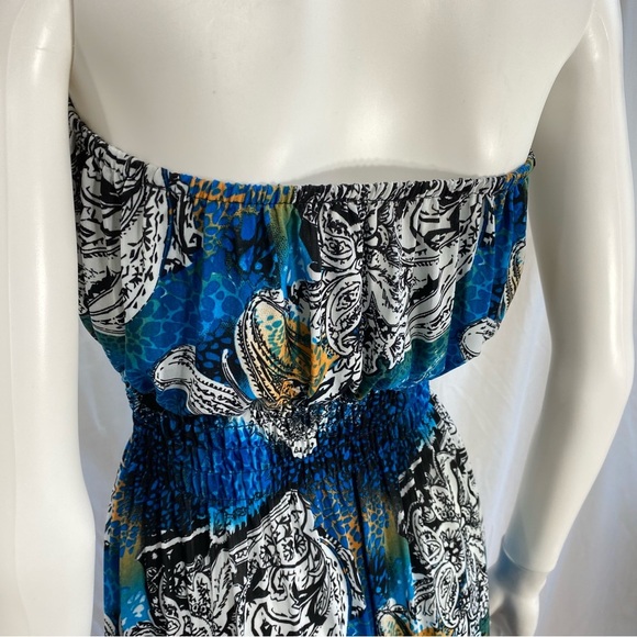 Basix Strapless Blue Paisley Design Ruffle Edge Mini Dress - Picture 5 of 8